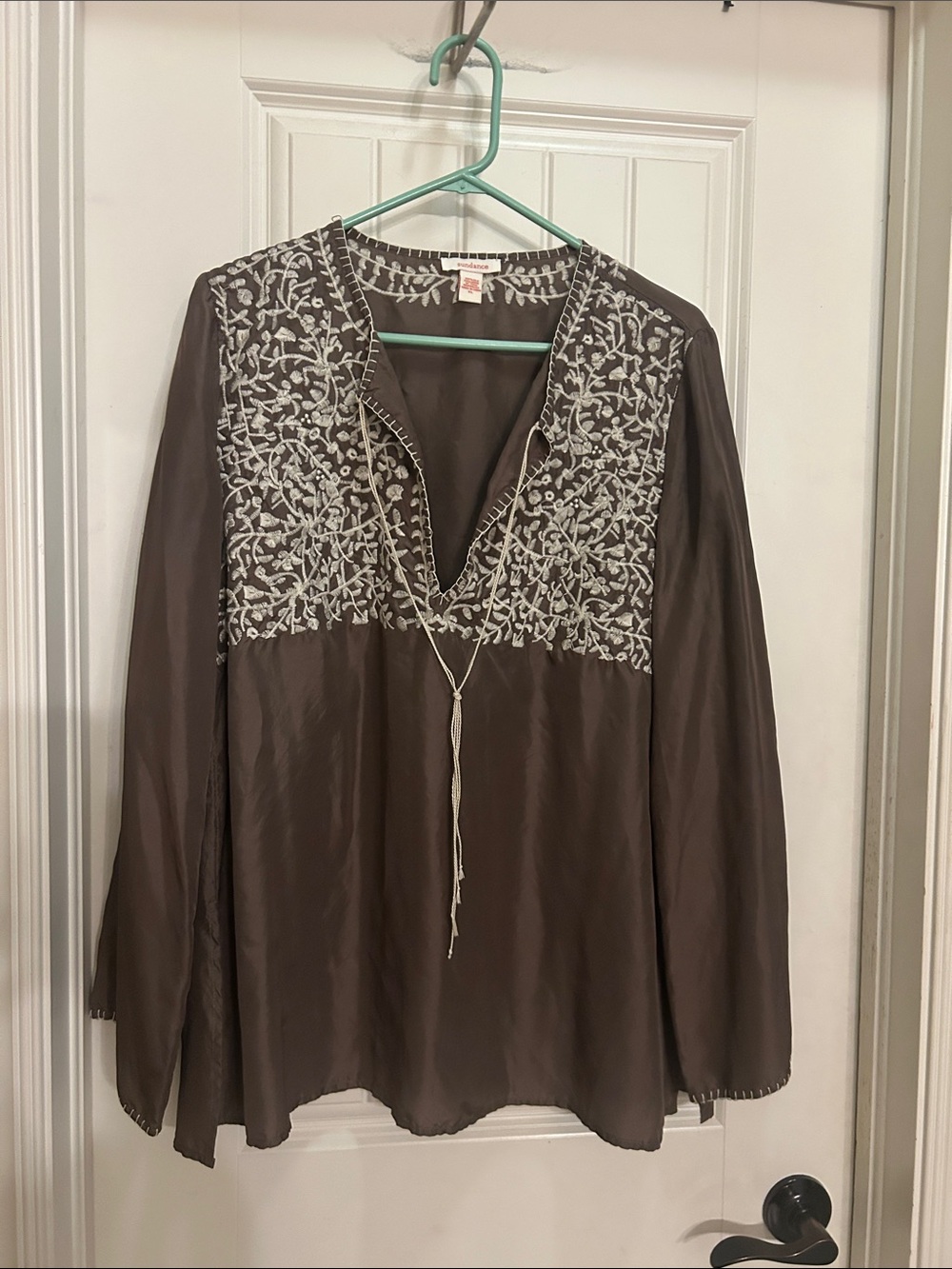 Silk Sundance Brown Tunic Top with White Floral Embroidery